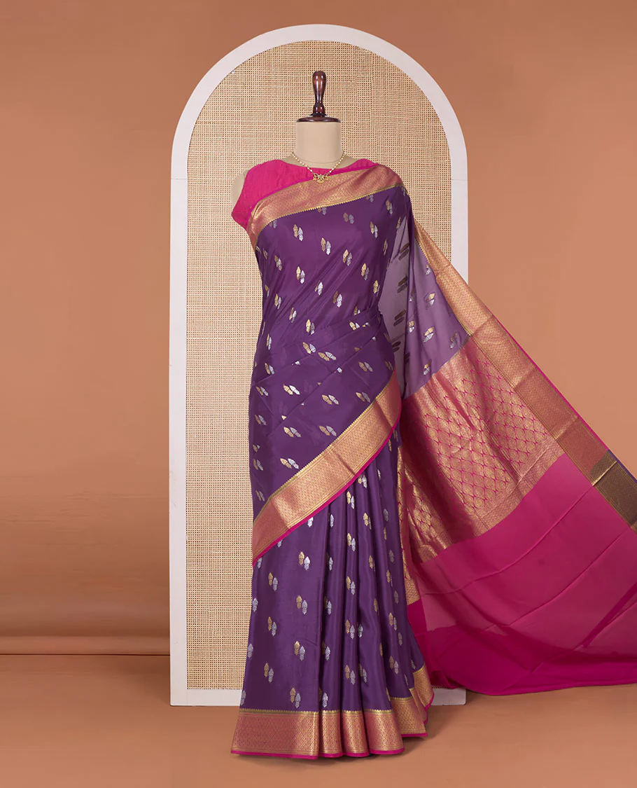 Purple zari buttas Mysore silk saree, contrast traditional zari border, and pallu of jaal design - Image 2