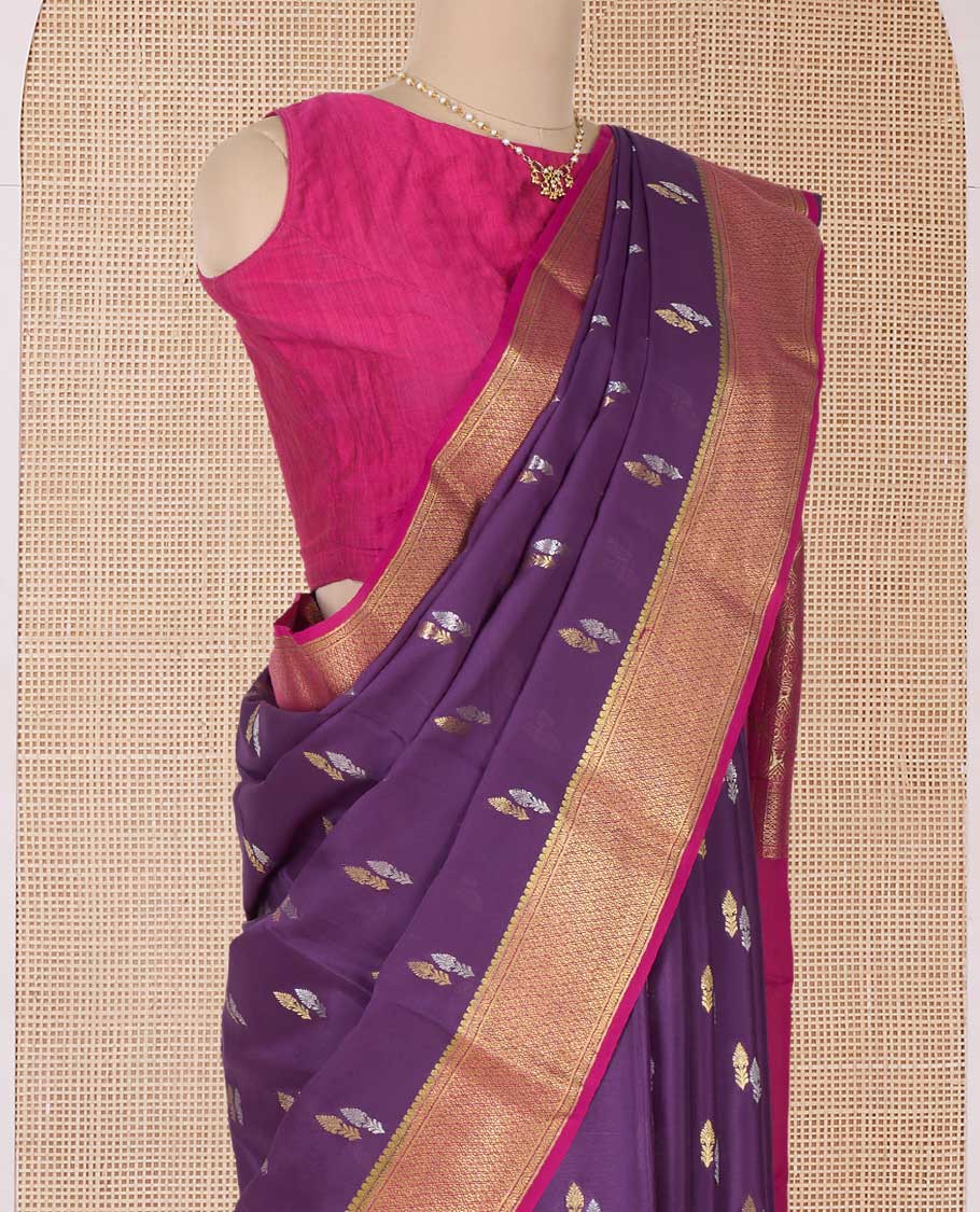 Purple zari buttas Mysore silk saree, contrast traditional zari border, and pallu of jaal design - Image 3