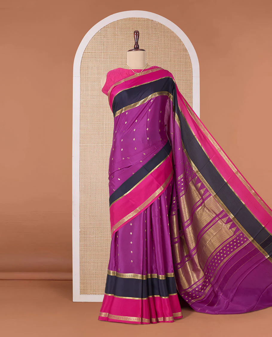 Purple zari buttas Mysore silk saree, contrast traditional zari rettai pettu border, and pallu of temple zari designs - Image 2