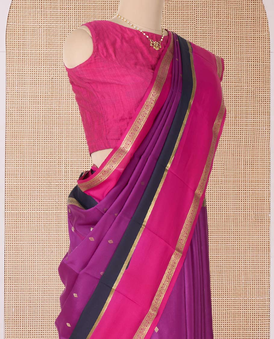 Purple zari buttas Mysore silk saree, contrast traditional zari rettai pettu border, and pallu of temple zari designs - Image 3