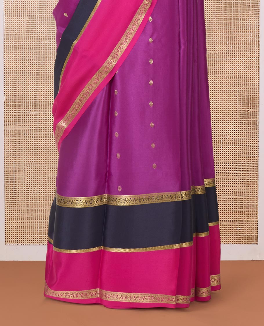Purple zari buttas Mysore silk saree, contrast traditional zari rettai pettu border, and pallu of temple zari designs - Image 4