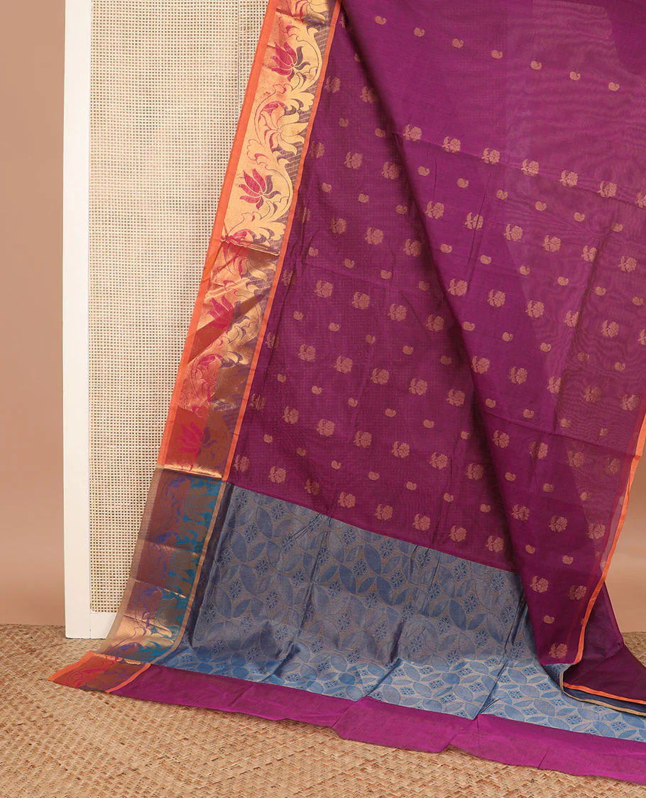 Purple zari buttas Venkatagiri cotton saree, contrast zari floral creeper border, and pallu of leaf designs - Image 2