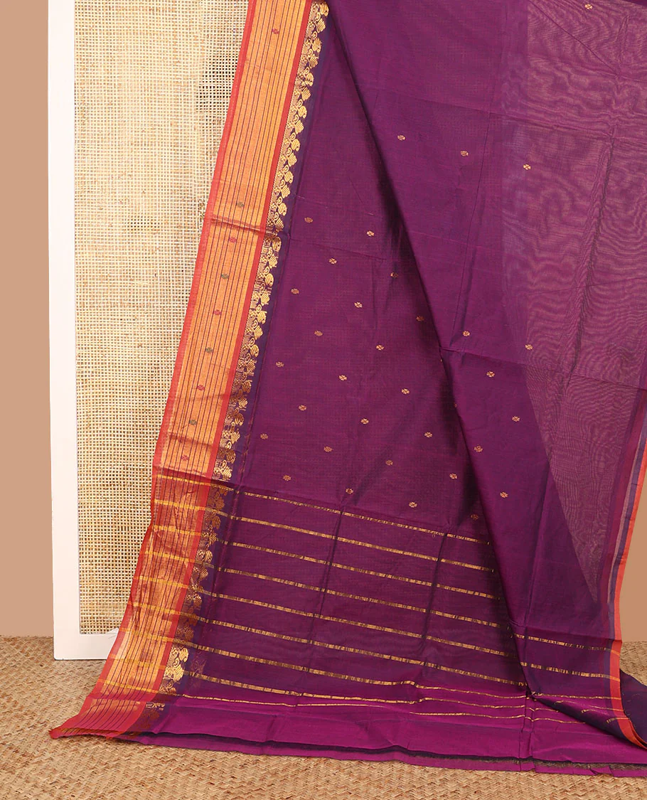 Purple zari buttas Venkatagiri cotton saree with contrast paisley design zari border, and pallu of zari stripes - Image 2