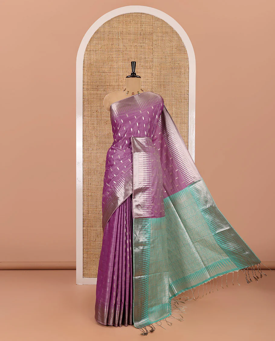 Purple zari buttas woven Luxury soft silk saree, temple zari border, contrast pallu of intricate zari designs, and zari design blouse