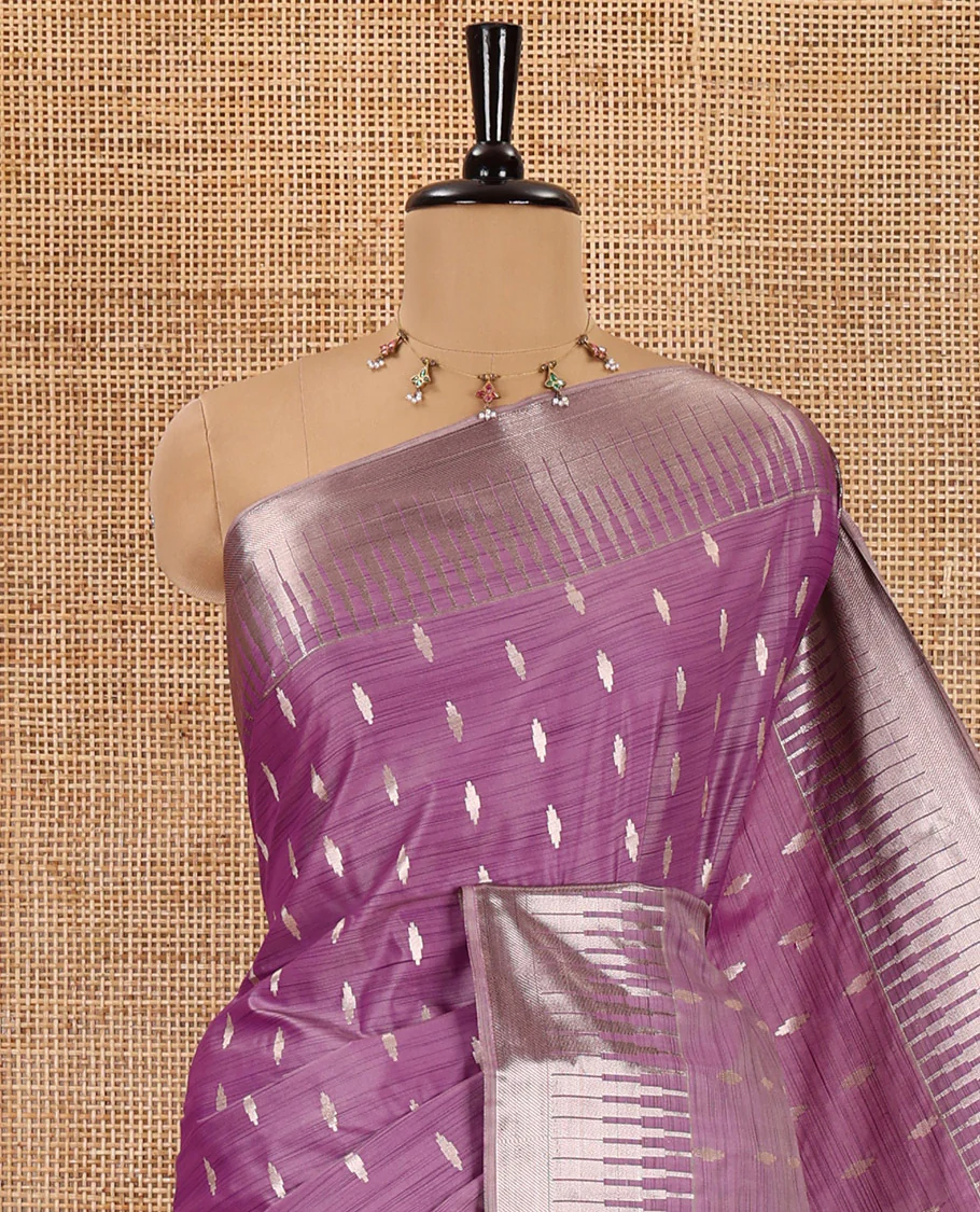 Purple zari buttas woven Luxury soft silk saree, temple zari border, contrast pallu of intricate zari designs, and zari design blouse - Image 2