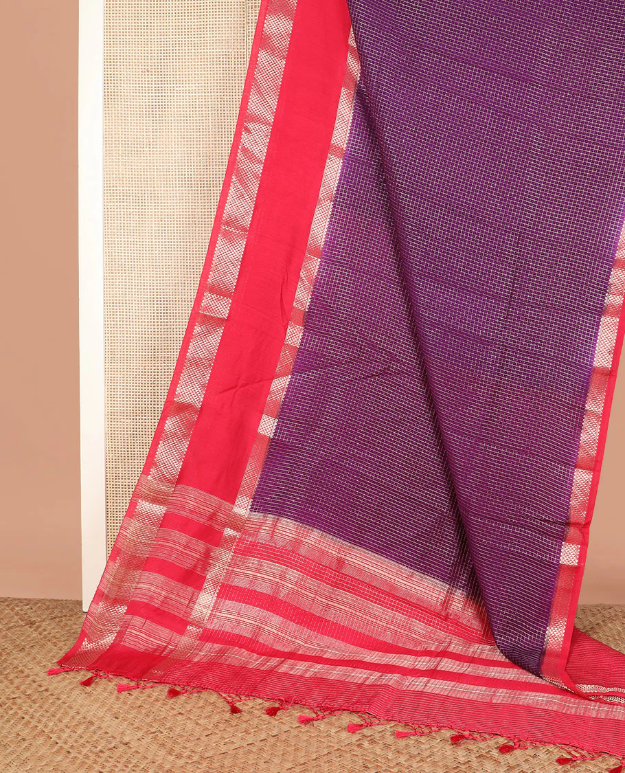 Purple zari checked assam silk saree, contrast traditional zari border, and pallu of zari designs - Image 2