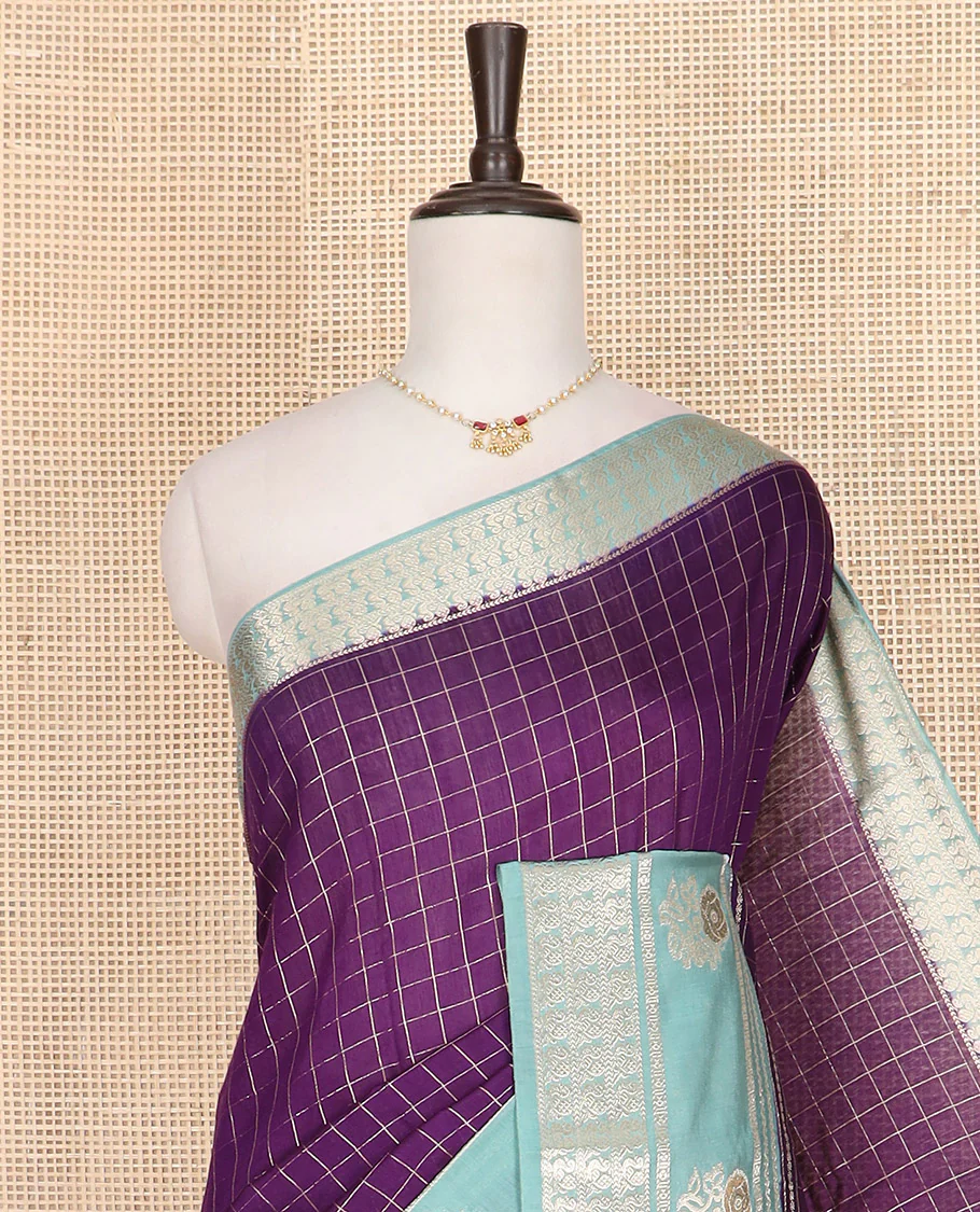 Purple zari checked Assam silk saree, contrast traditional zari border of peacock and floral designs, and pallu of zari stripes - Image 2
