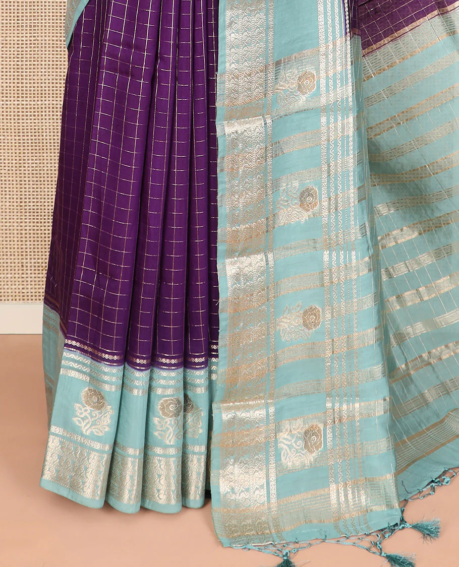 Purple zari checked Assam silk saree, contrast traditional zari border of peacock and floral designs, and pallu of zari stripes - Image 3