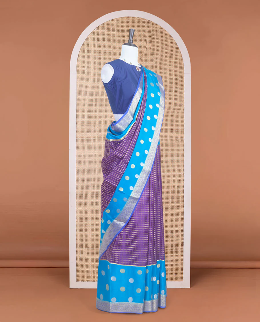 Purple zari checked Mysore silk saree with contrast traditional zari woven borders of chakra motifs, and pallu of zari geometric designs