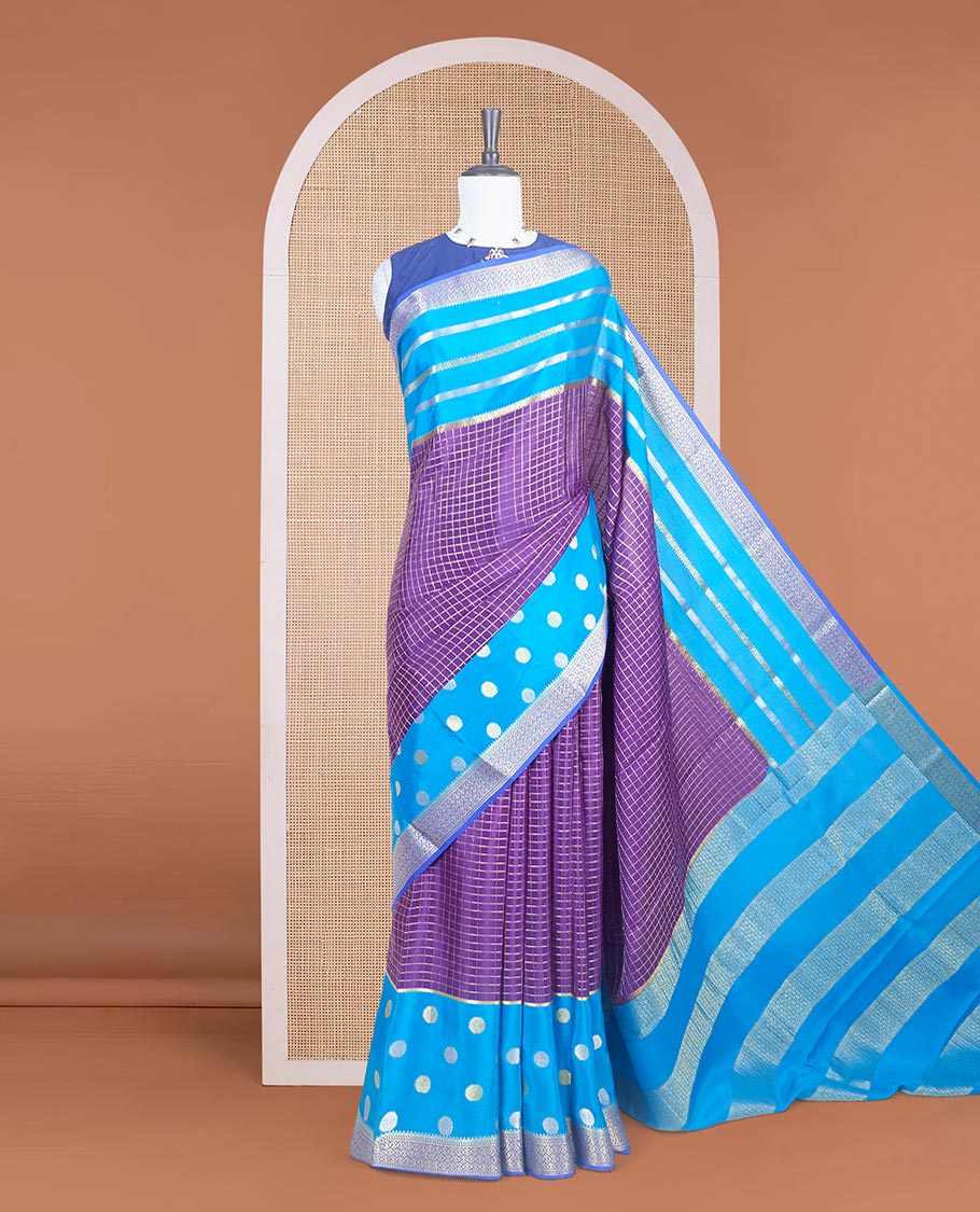 Purple zari checked Mysore silk saree with contrast traditional zari woven borders of chakra motifs, and pallu of zari geometric designs - Image 2