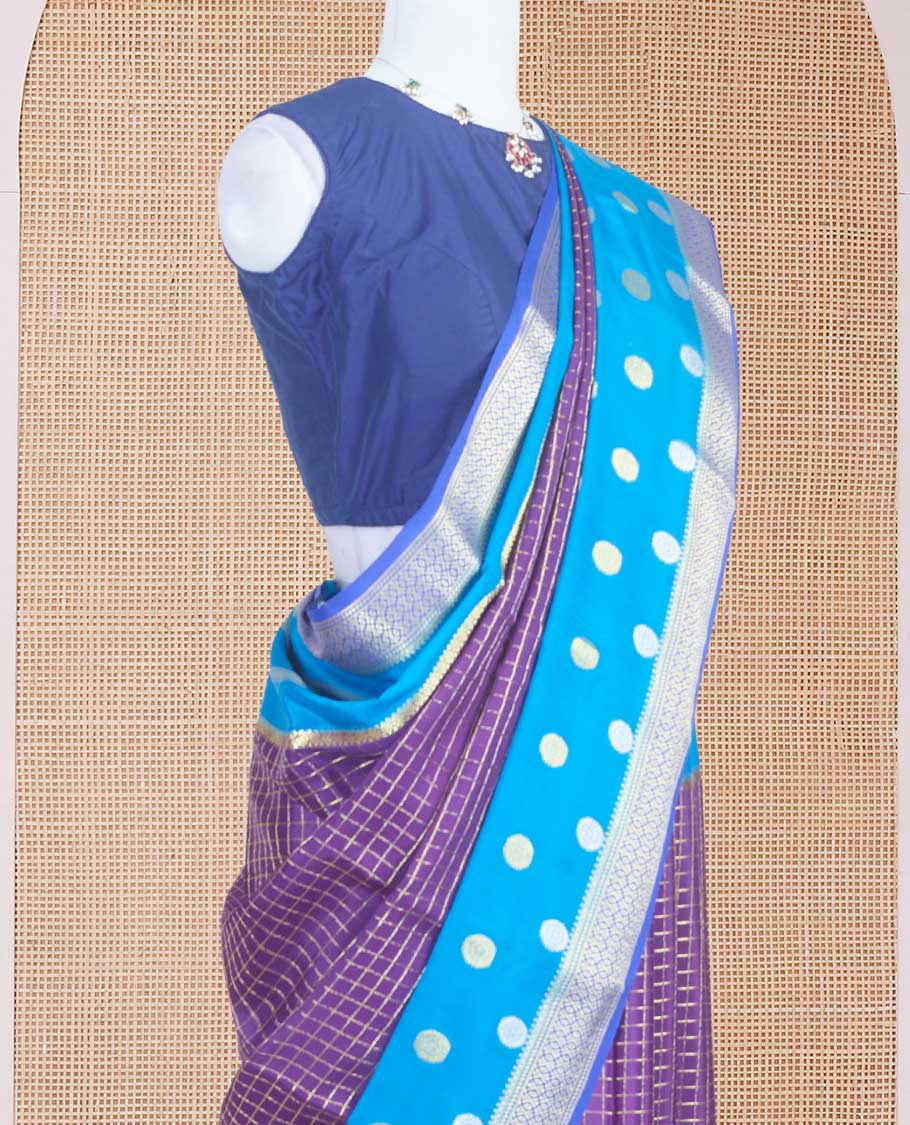 Purple zari checked Mysore silk saree with contrast traditional zari woven borders of chakra motifs, and pallu of zari geometric designs - Image 3