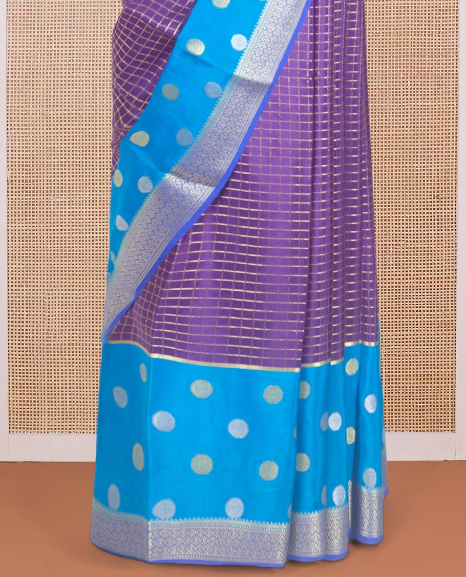 Purple zari checked Mysore silk saree with contrast traditional zari woven borders of chakra motifs, and pallu of zari geometric designs - Image 4