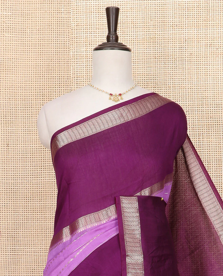 Purple zari design woven Assam silk saree, contrast double-sided big border of traditional zari designs, and zari striped pallu - Image 2