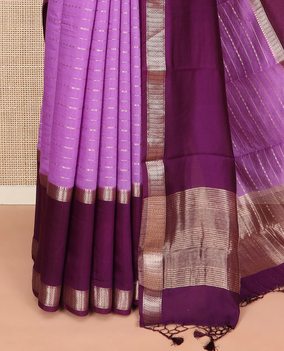 Purple zari design woven Assam silk saree, contrast double-sided big border of traditional zari designs, and zari striped pallu - Image 3