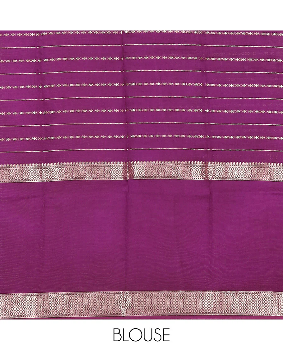 Purple zari design woven Assam silk saree, contrast double-sided big border of traditional zari designs, and zari striped pallu - Image 4
