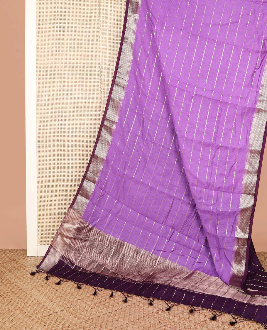 Purple zari striped assam silk saree, contrast jaal patterned border, and zari striped pallu - Image 2