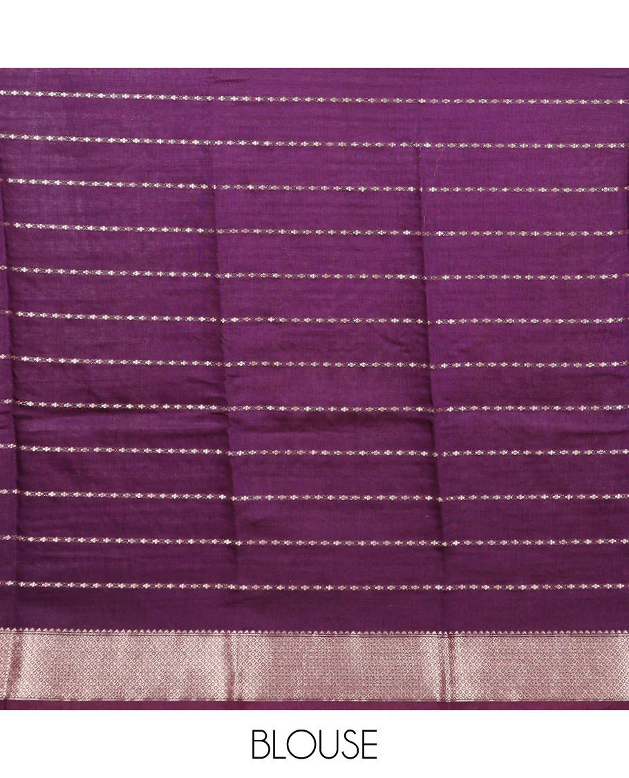 Purple zari striped assam silk saree, contrast jaal patterned border, and zari striped pallu - Image 3