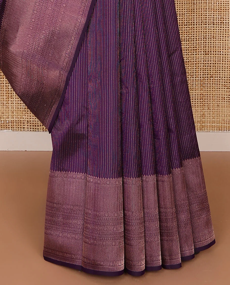 Purple zari striped Vasundhara silk saree, zari border of rekku, kathir, neli, lavangam, kamalam & vanki designs & jaal pallu - Image 5