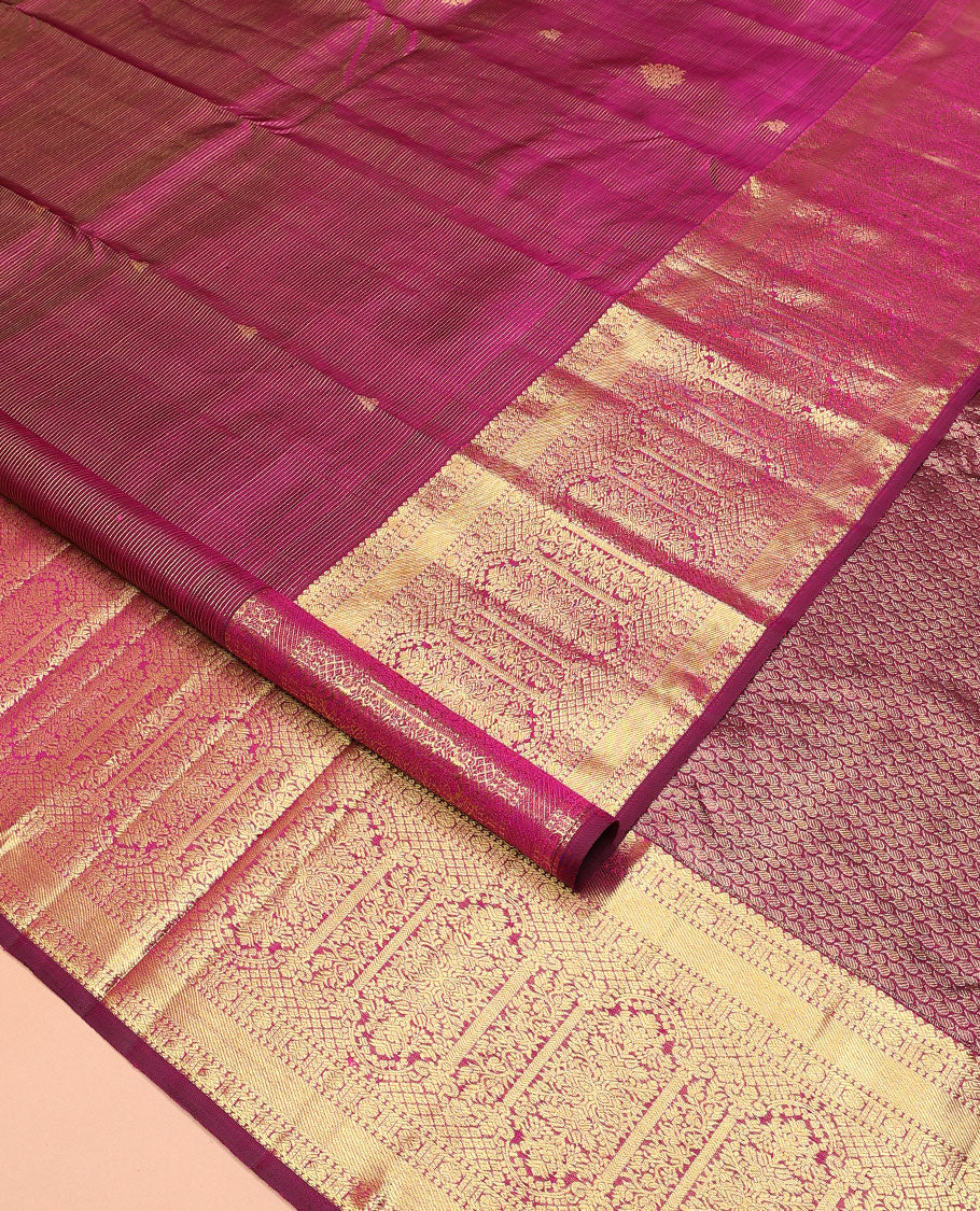 Purple zari stripes and buttas Kanchipuram silk saree, zari border of thilakam, poun, and MUghal-style floral designs, and pallu steeped with manga motifs - Image 2