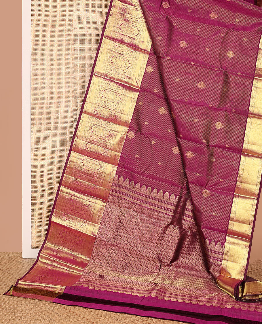 Purple zari stripes and buttas Kanchipuram silk saree, zari border of thilakam, poun, and MUghal-style floral designs, and pallu steeped with manga motifs - Image 3