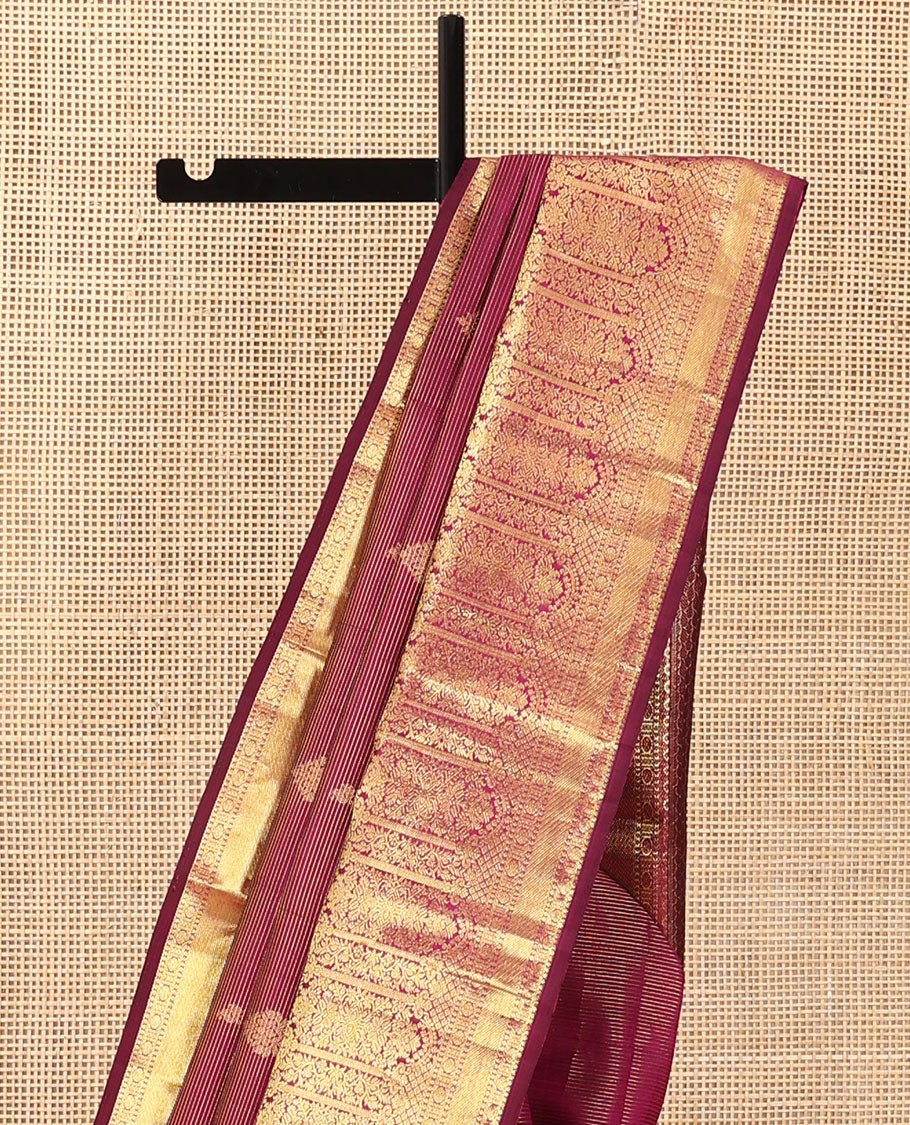 Purple zari stripes and buttas Kanchipuram silk saree, zari border of thilakam, poun, and MUghal-style floral designs, and pallu steeped with manga motifs - Image 4