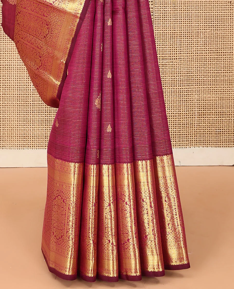 Purple zari stripes and buttas Kanchipuram silk saree, zari border of thilakam, poun, and MUghal-style floral designs, and pallu steeped with manga motifs - Image 5