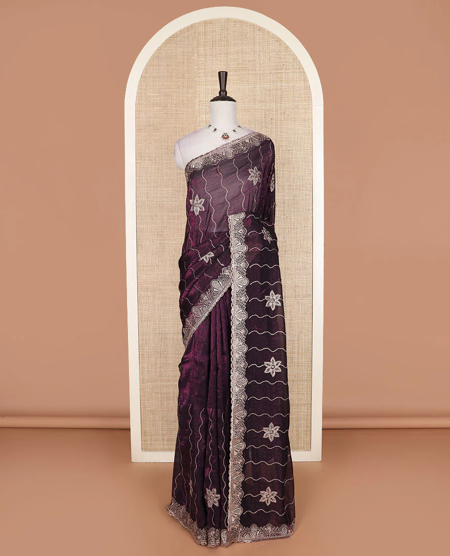 Purple zig-zag stripes, and floral motifs embroidered designer saree, scallop embroidered border - Image 2