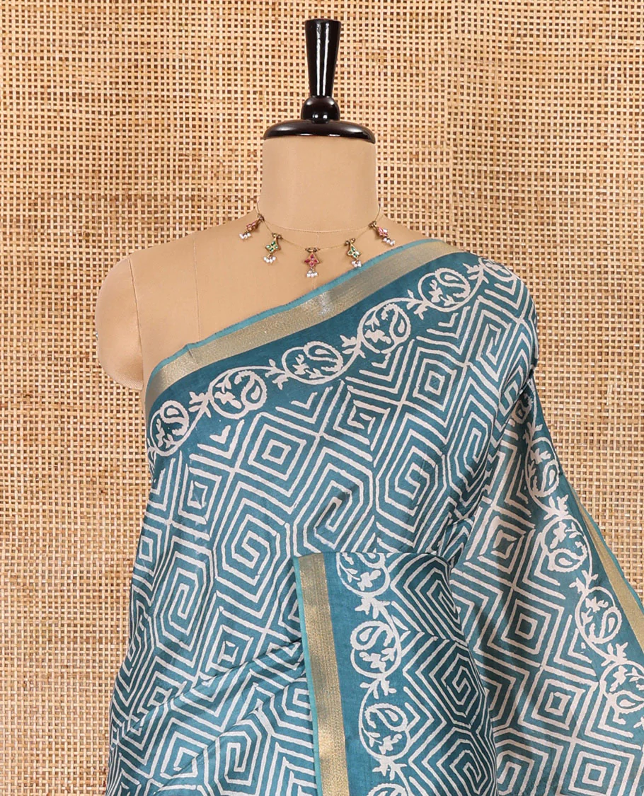 Rama blue diamond patterns batik printed banana pith saree, printed piping border, printed pallu, and a matching blouse - Image 2