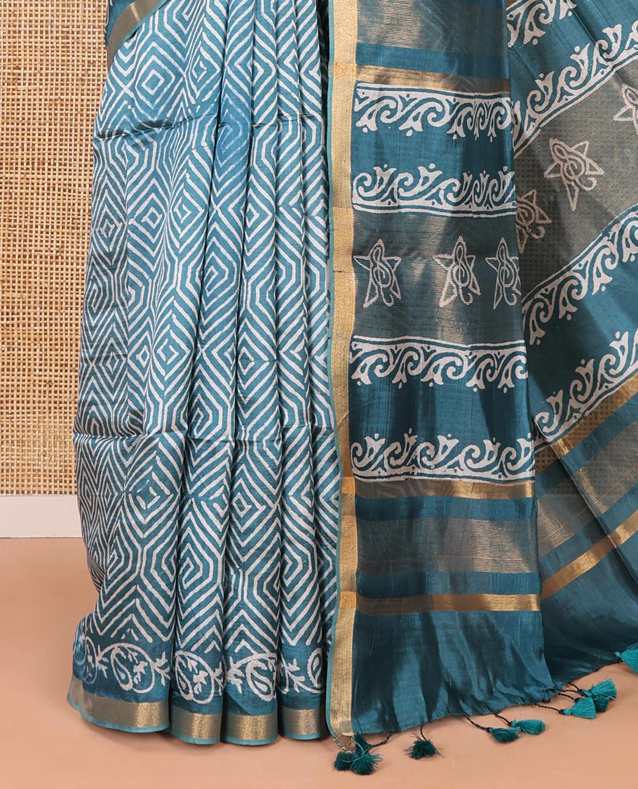 Rama blue diamond patterns batik printed banana pith saree, printed piping border, printed pallu, and a matching blouse - Image 3