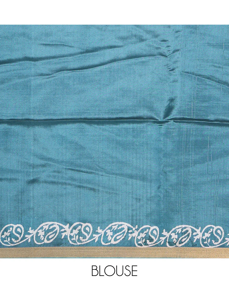 Rama blue diamond patterns batik printed banana pith saree, printed piping border, printed pallu, and a matching blouse - Image 4