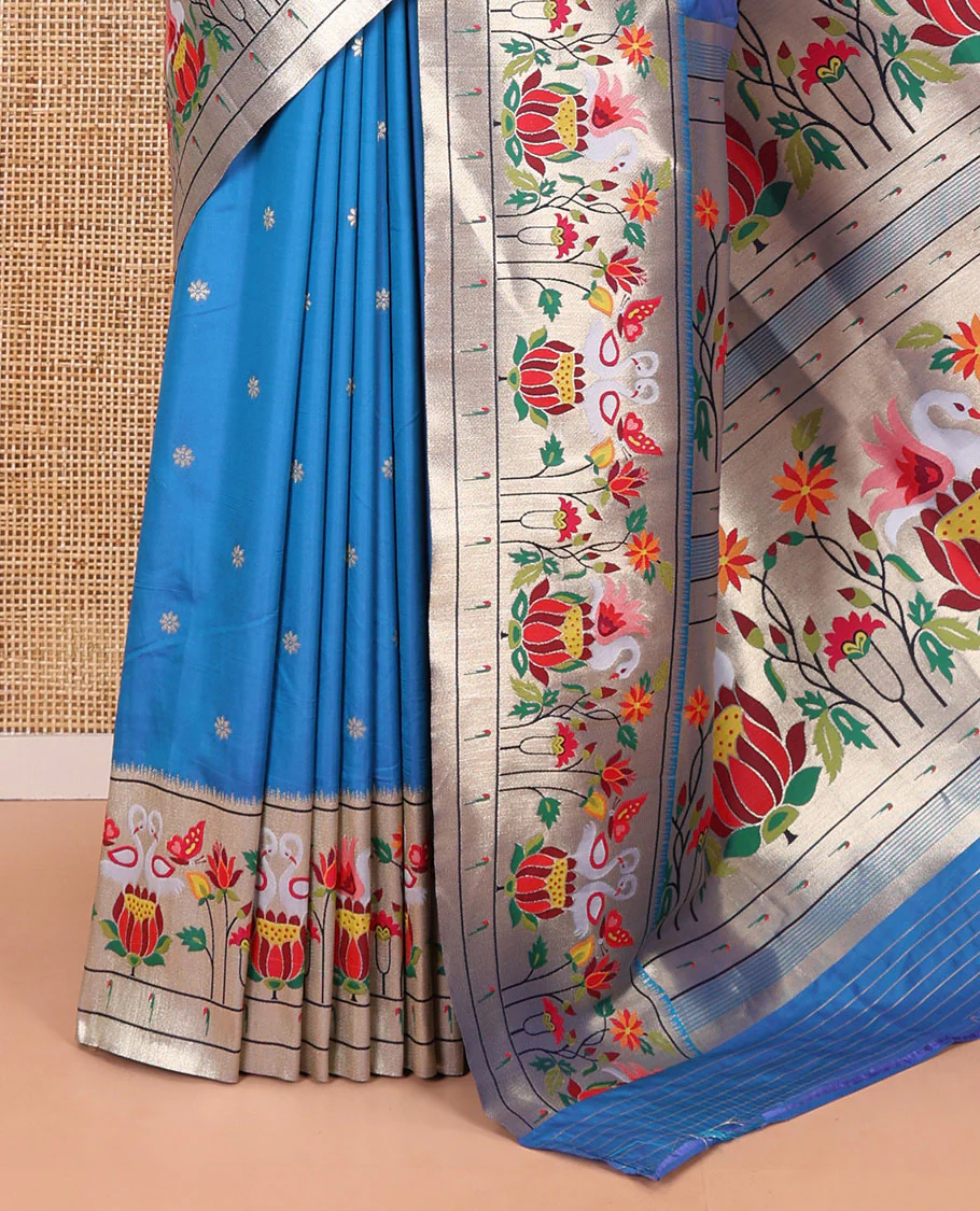 Rama blue floral buttas art silk paithani saree, contrast floral, bird, and muniya border, pallu of floral and bird designs and a matching blouse - Image 3