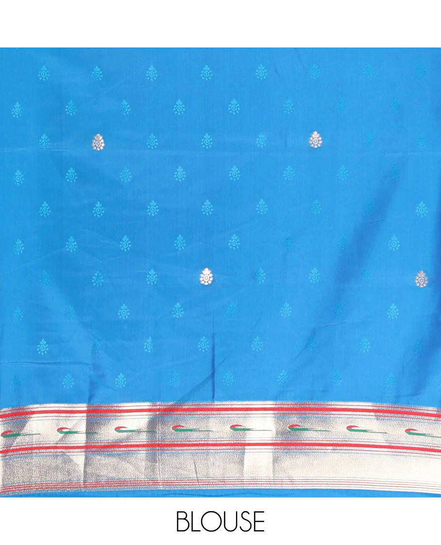 Rama blue floral buttas art silk paithani saree, contrast floral, bird, and muniya border, pallu of floral and bird designs and a matching blouse - Image 4