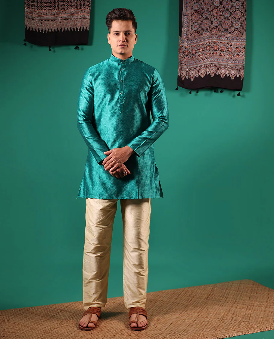 Rama blue peacock eye style diamond patterns embossed full-sleeved men's kurta - Image 2