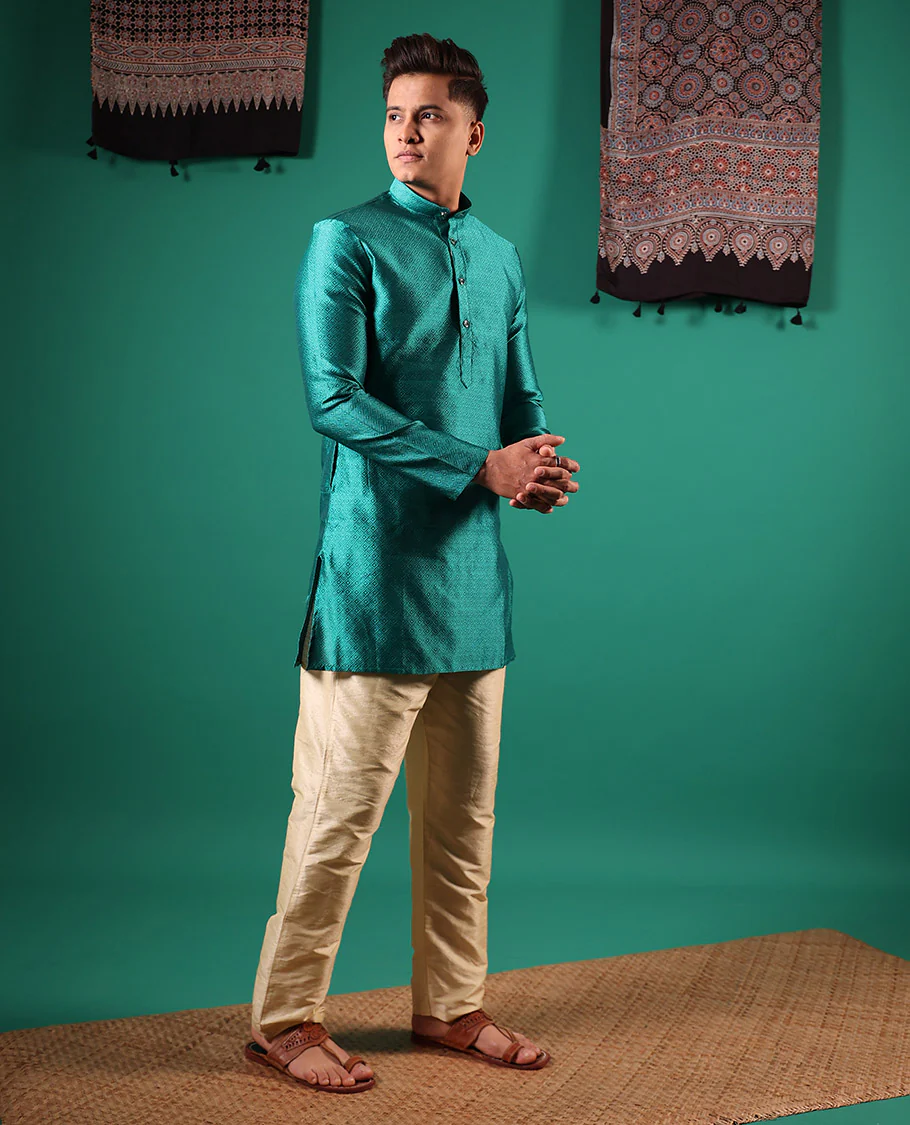 Rama blue peacock eye style diamond patterns embossed full-sleeved men's kurta - Image 3