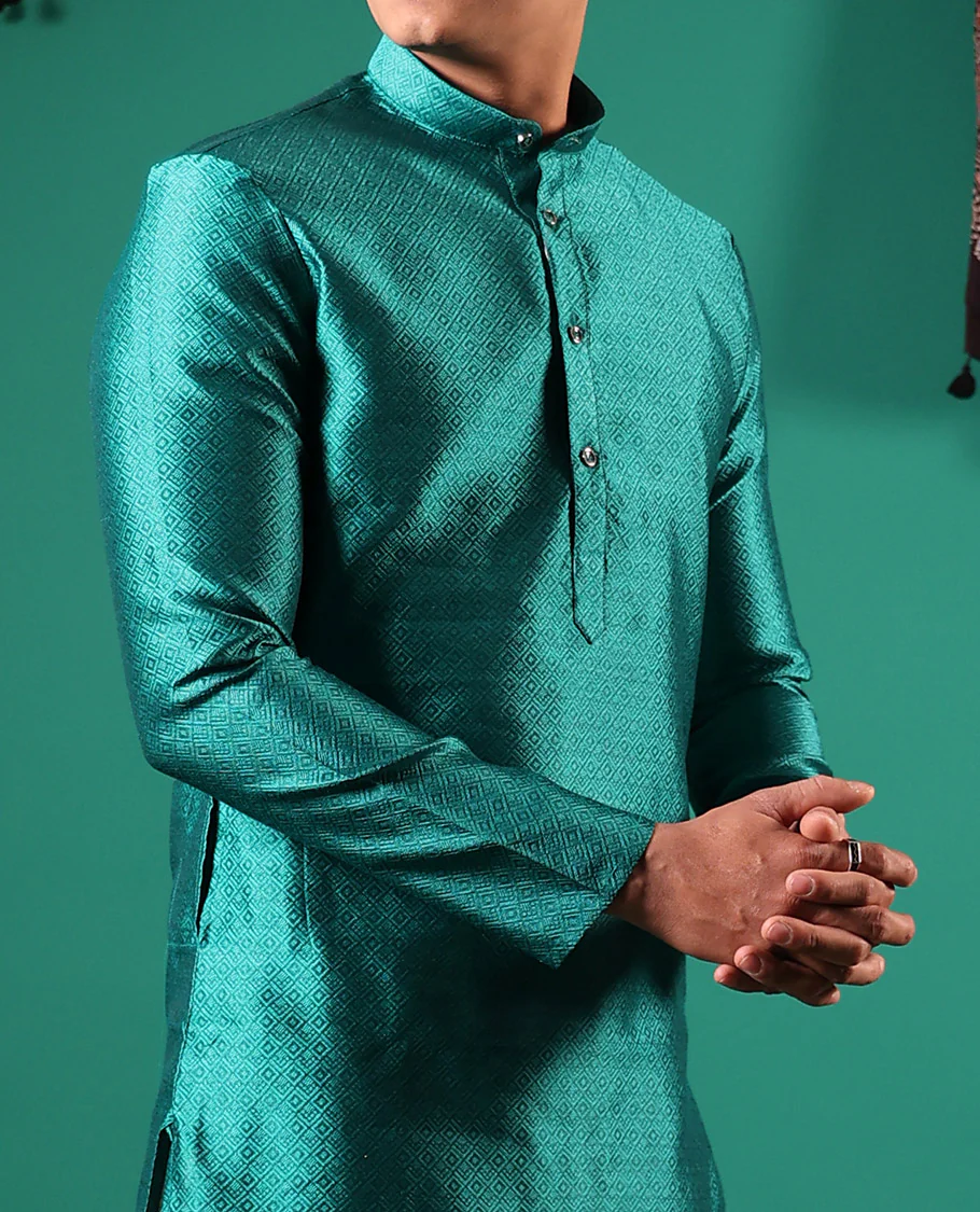 Rama blue peacock eye style diamond patterns embossed full-sleeved men's kurta - Image 4