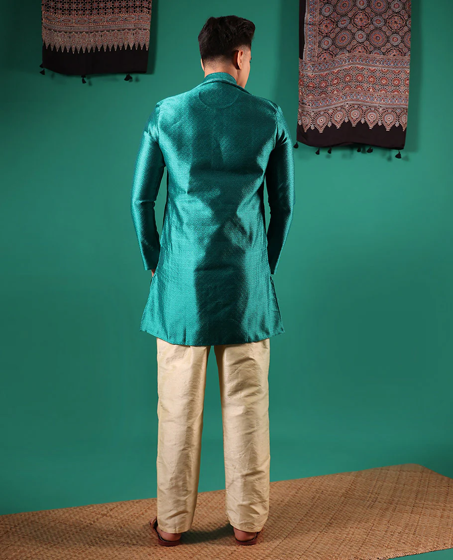 Rama blue peacock eye style diamond patterns embossed full-sleeved men's kurta - Image 5