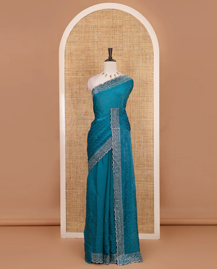 Rama blue Swarovski crystal stone embedded fendy chiffon saree, scallop Swarovski stone embroidered border, and contrast plain blouse - Image 2