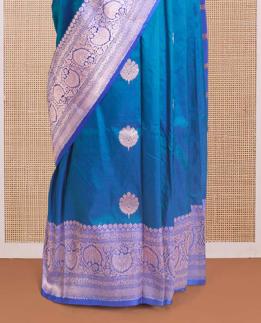 Ramar blue zari buttas Banarasi kathan silk saree, contrast traditional zari floral creeper border, and pallu features dobby style buttas - Image 4