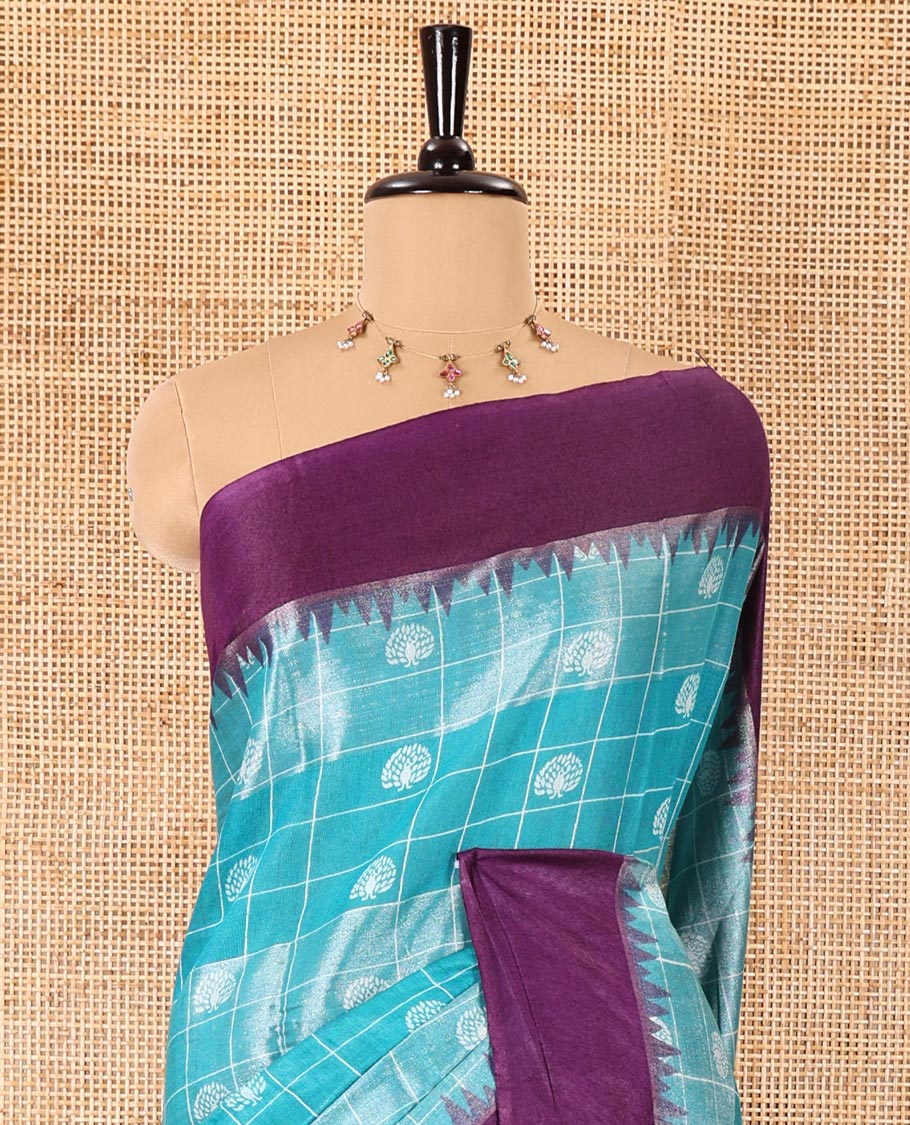 Rama buttas and checked Bhagalpur cotton saree, contrast temple border, striped pallu, and contrast silver zari blouse - Image 3
