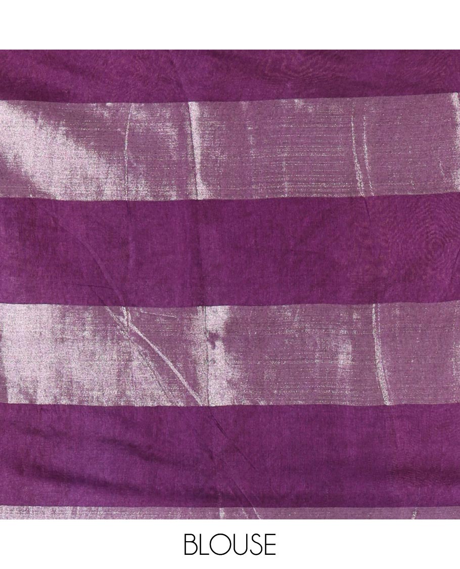 Rama buttas and checked Bhagalpur cotton saree, contrast temple border, striped pallu, and contrast silver zari blouse - Image 4