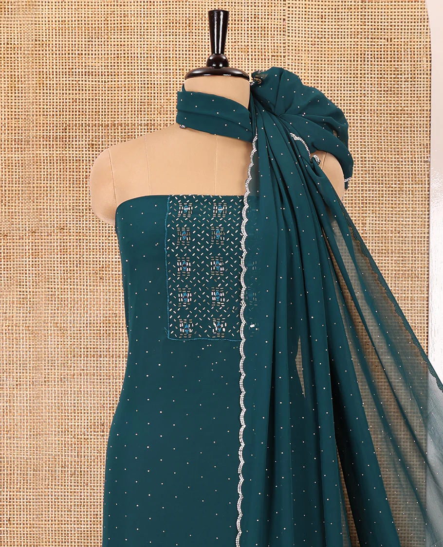 Rama color material chudidar set, silver stone embroidered with neck bead work georgette top, santoon plain botom, and scallop swarovski stone work dupatta - Image 3