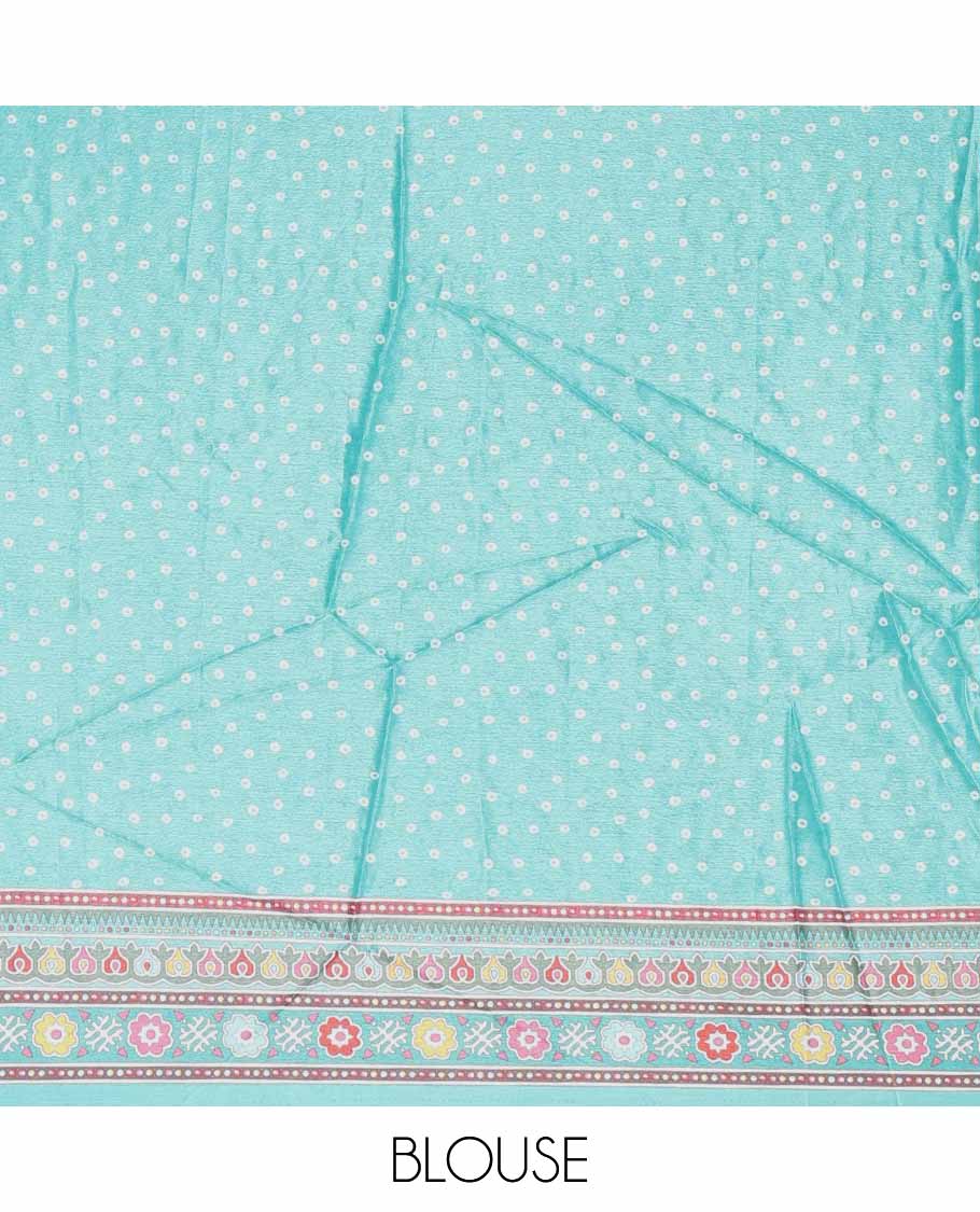 Rama green bandhani printed , mirror work synon silk saree with printed border, mirror work & printed pallu along with bandhani printed blouse - Image 4