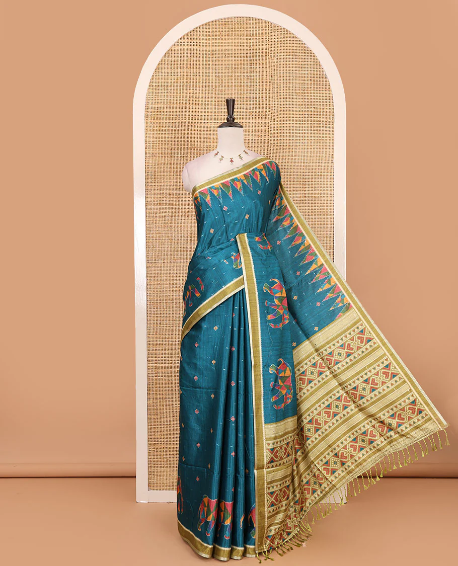 Rama green buttas & kaleidoscope color elephant motifs printed katan silk saree, contrast multi-hue temple motif border, ikkat geometric print pallu & contrast printed blouse