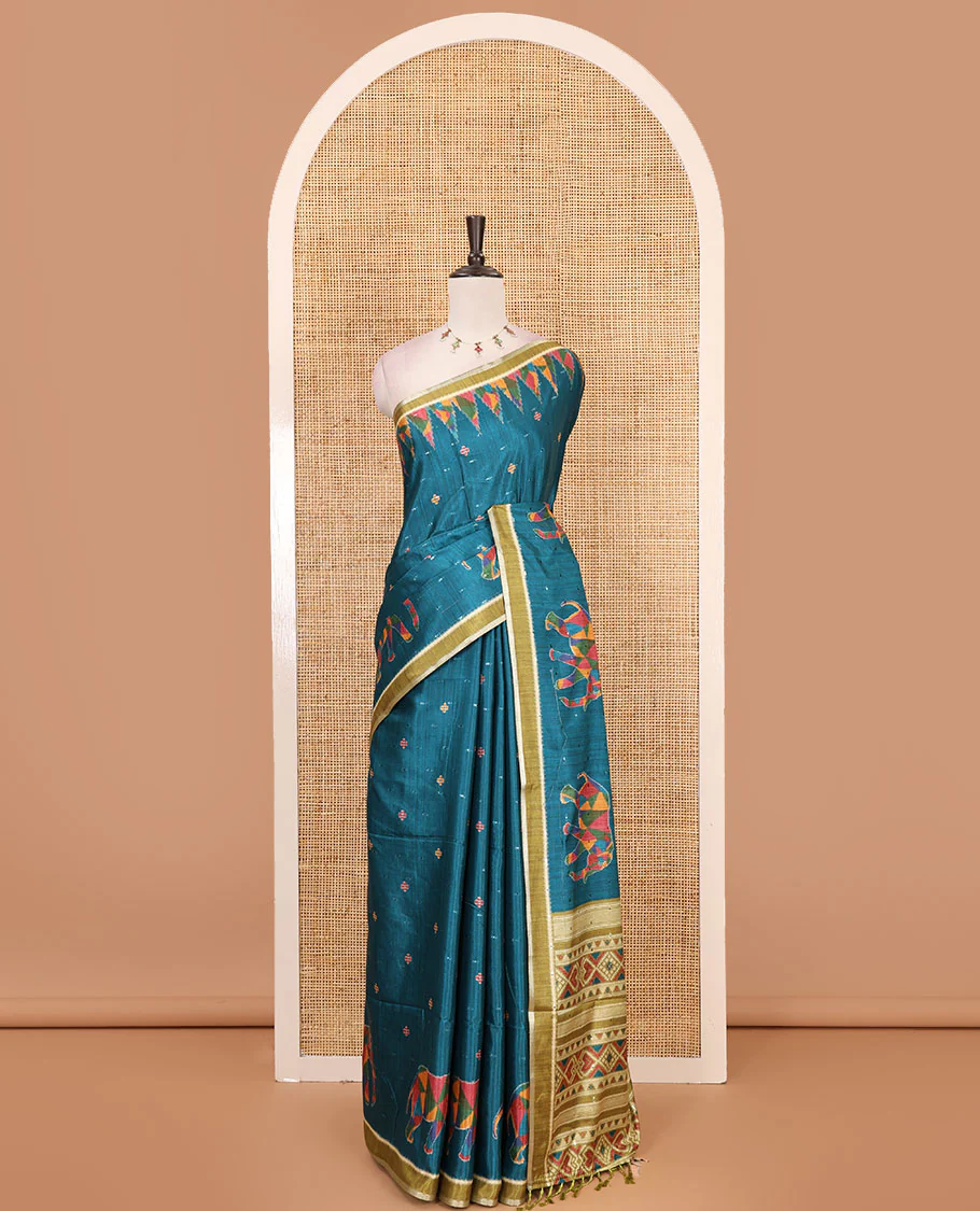 Rama green buttas & kaleidoscope color elephant motifs printed katan silk saree, contrast multi-hue temple motif border, ikkat geometric print pallu & contrast printed blouse - Image 2