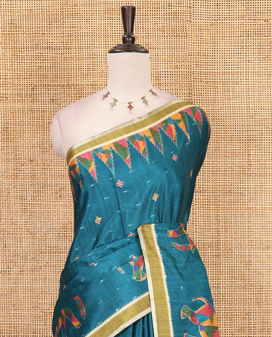 Rama green buttas & kaleidoscope color elephant motifs printed katan silk saree, contrast multi-hue temple motif border, ikkat geometric print pallu & contrast printed blouse - Image 3