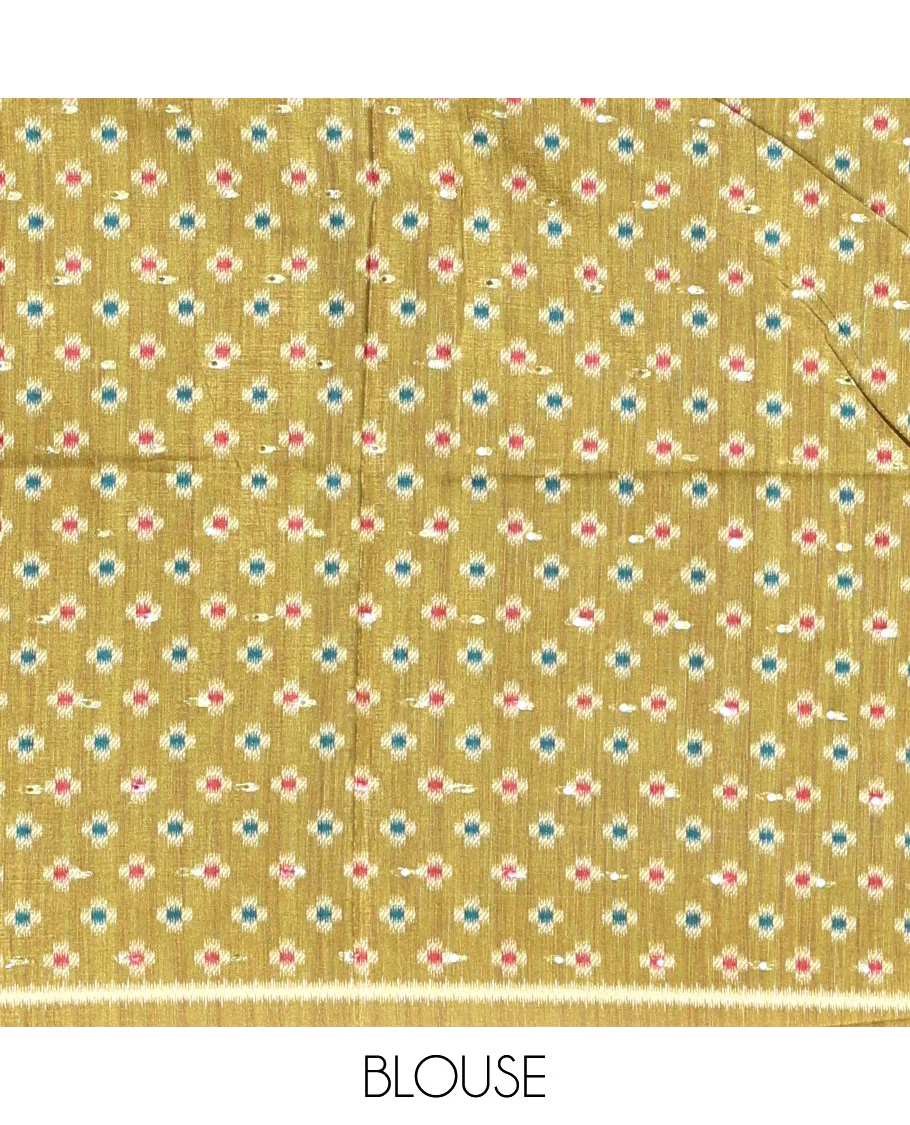 Rama green buttas & kaleidoscope color elephant motifs printed katan silk saree, contrast multi-hue temple motif border, ikkat geometric print pallu & contrast printed blouse - Image 4