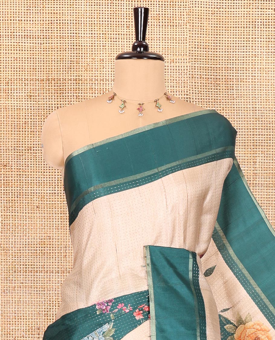 Rama green diagonal floral striped digital printed fancy tussar saree, contrast striped border, zari design pallu, and a contrast floral printed blouse - Image 2