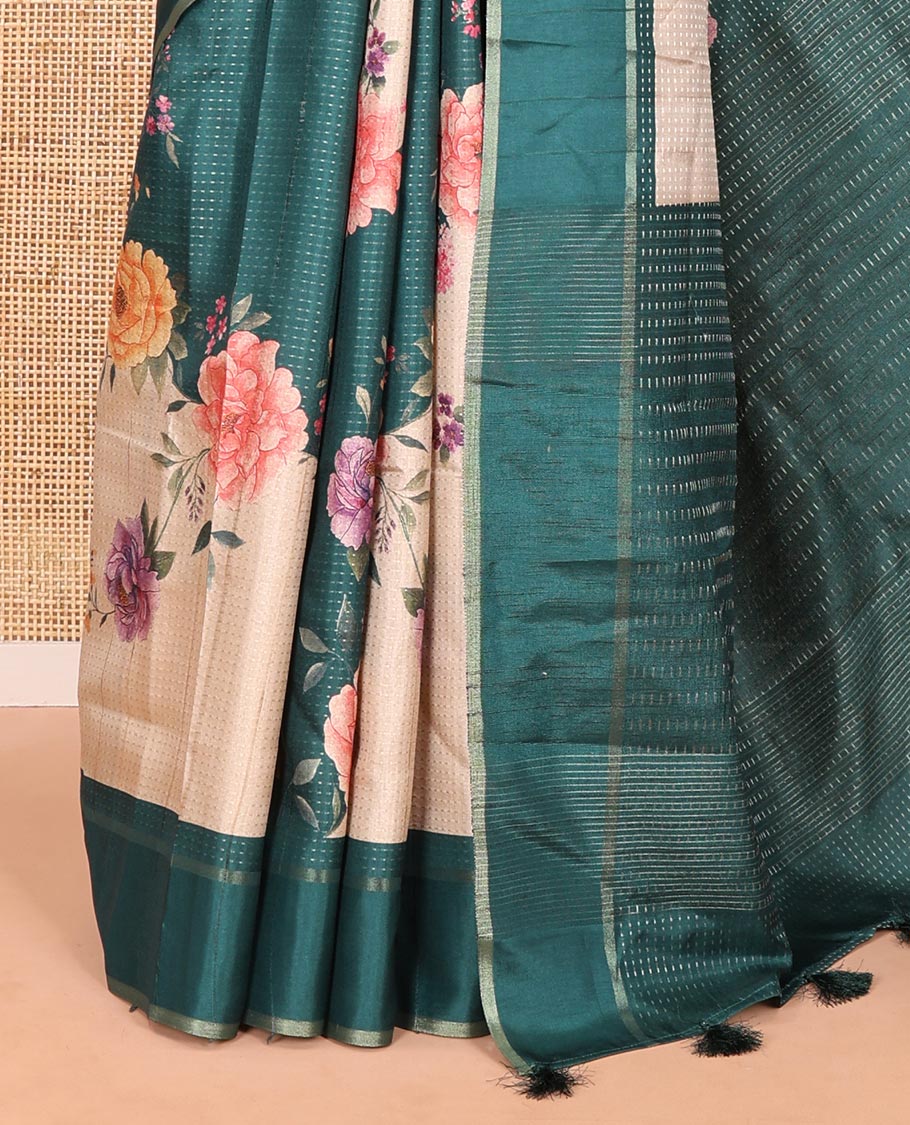 Rama green diagonal floral striped digital printed fancy tussar saree, contrast striped border, zari design pallu, and a contrast floral printed blouse - Image 3