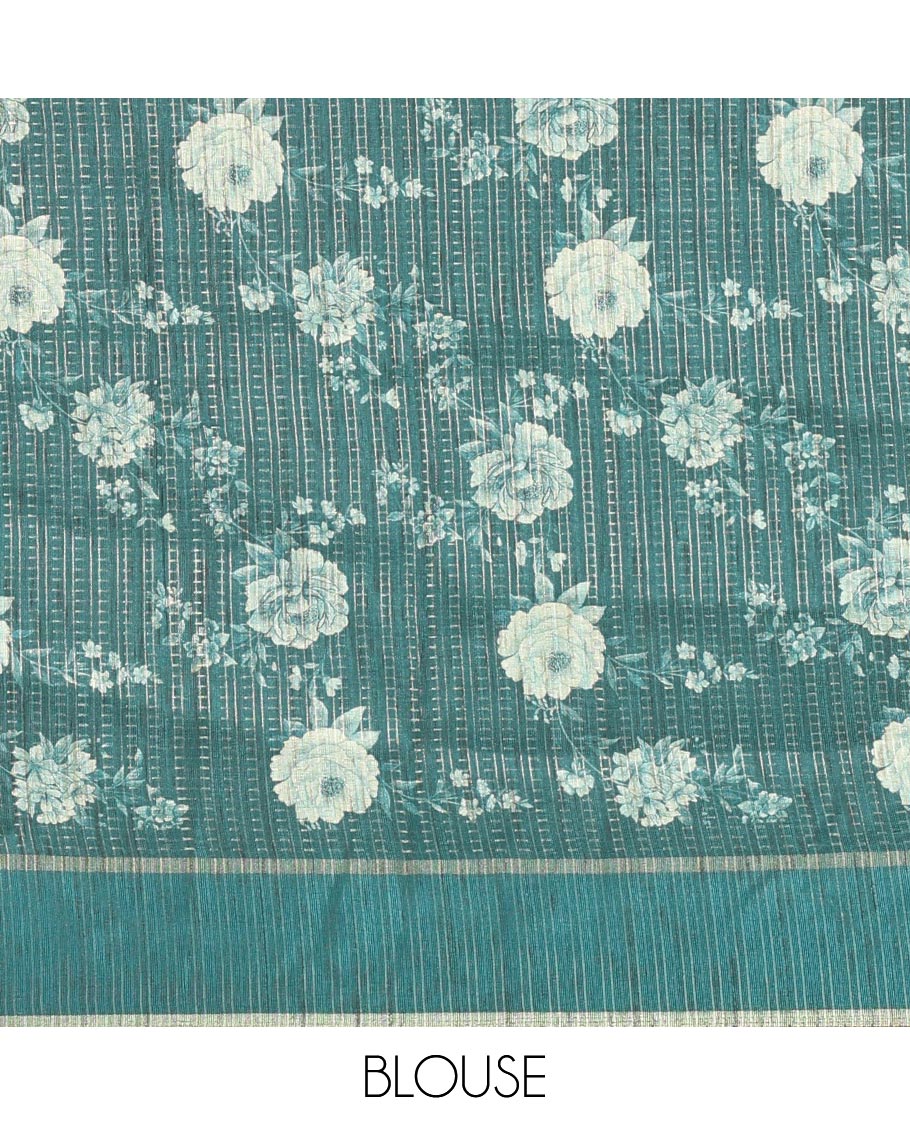 Rama green diagonal floral striped digital printed fancy tussar saree, contrast striped border, zari design pallu, and a contrast floral printed blouse - Image 4