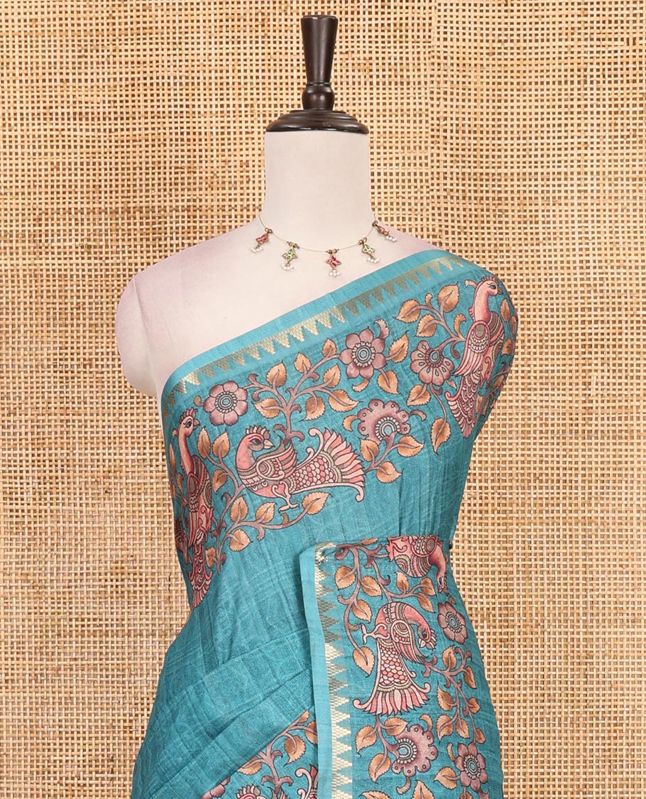 Rama green full-plain katan silk saree, double-side kalamkari floral vine and bird printed temple zari border and matching floral vine printed blouse - Image 3
